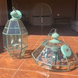 Antique-Style Turquoise Glass Pendant Lanterns - Set of 2